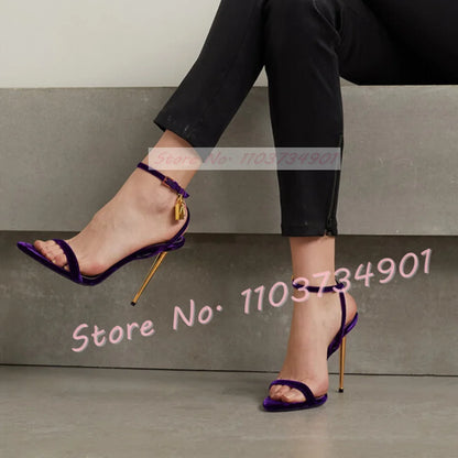 Metal Heel Lock Metallic Leather Sandals Female Luxury Open Toe Stiletto High Heels Shoes Lady Elegant Party Ankle Strap Sandals