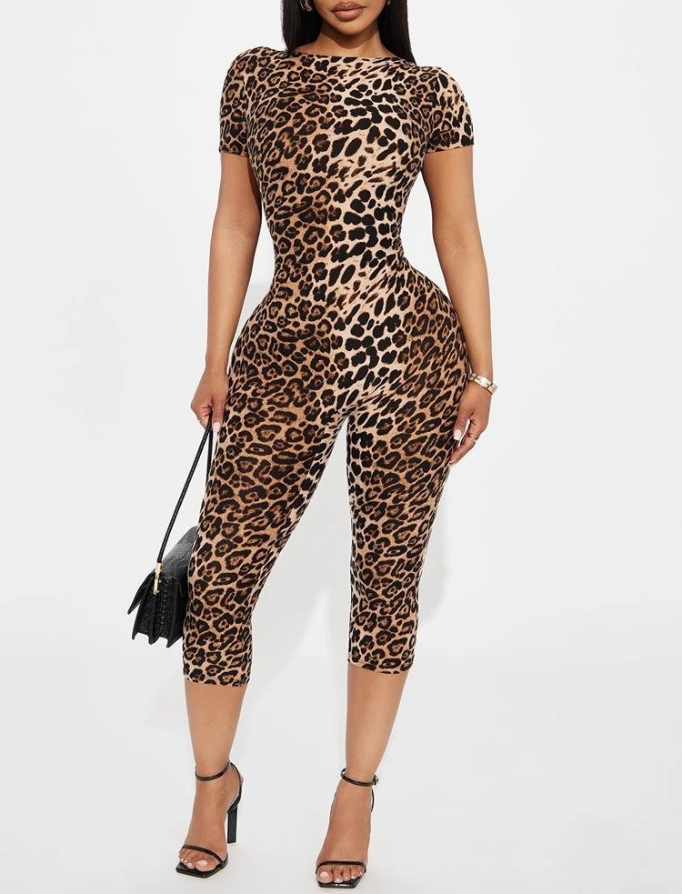 STYLISH LADY Leopard Printed Calf Length Jumpsuits 2025 Summer Women Short Sleeve O Neck Bodycon Sexy Club Party Street Overalls