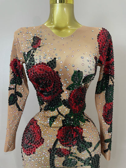 Women Sparkly Diamonds Rose Floral Long Sleeves Floor-Length Dress Eveing Celebrate Birthday Party Nightclub Sexy Stage Costume