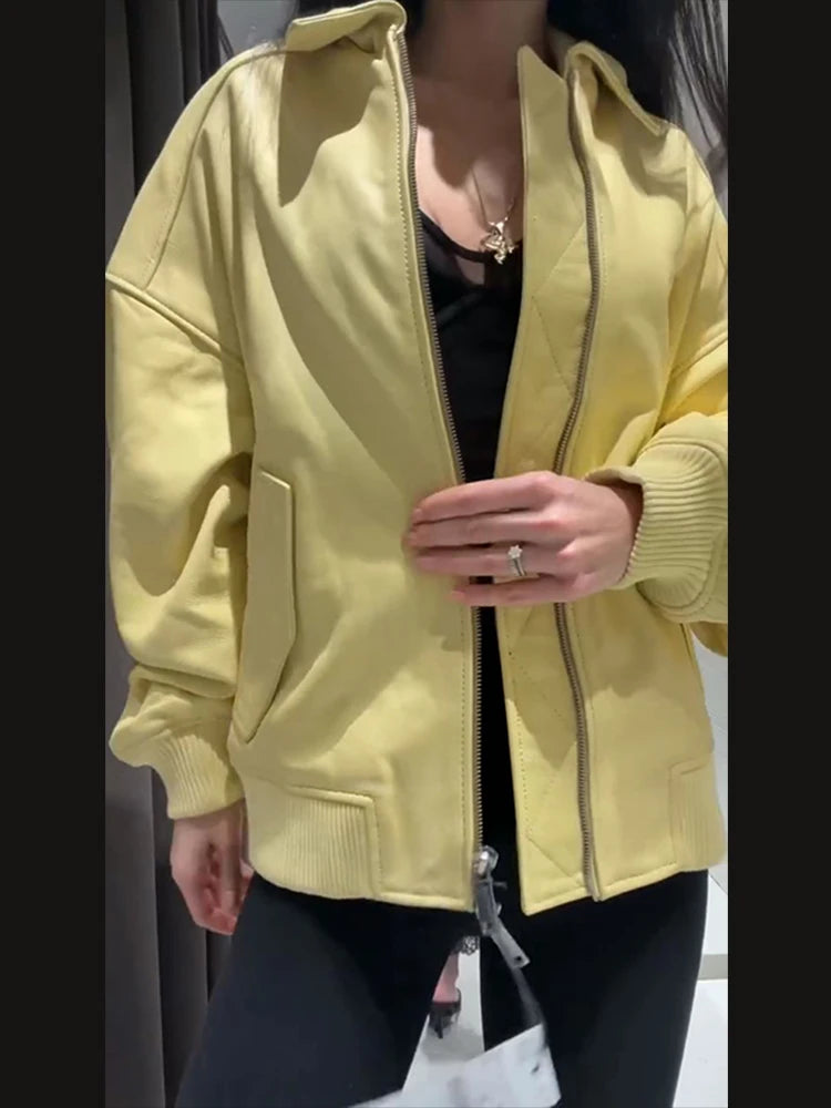 Faux Leather Bomber Jacket Oversized Collared Long Sleeve 2026 Spring Edgy Women Faux Leather Coat Fashion  Bold Lady Outerwear