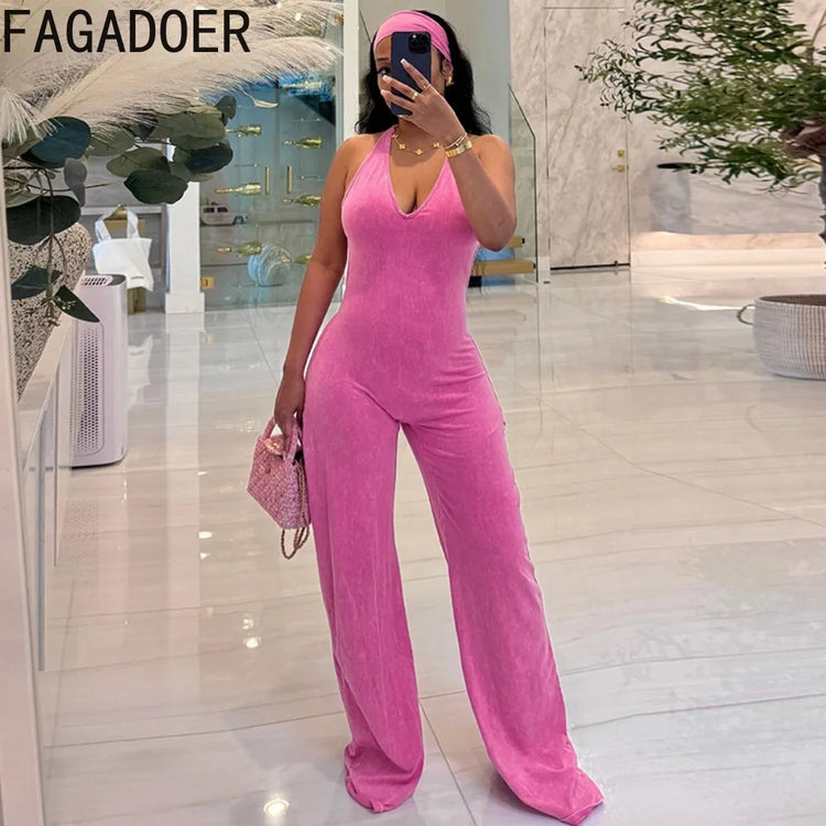 FAGADOER Women Elegant Commute Jumpsuits Fashion Off Shoulder Back Ruched Flare Rompers Streetwear Playsuits (Includes Headband)