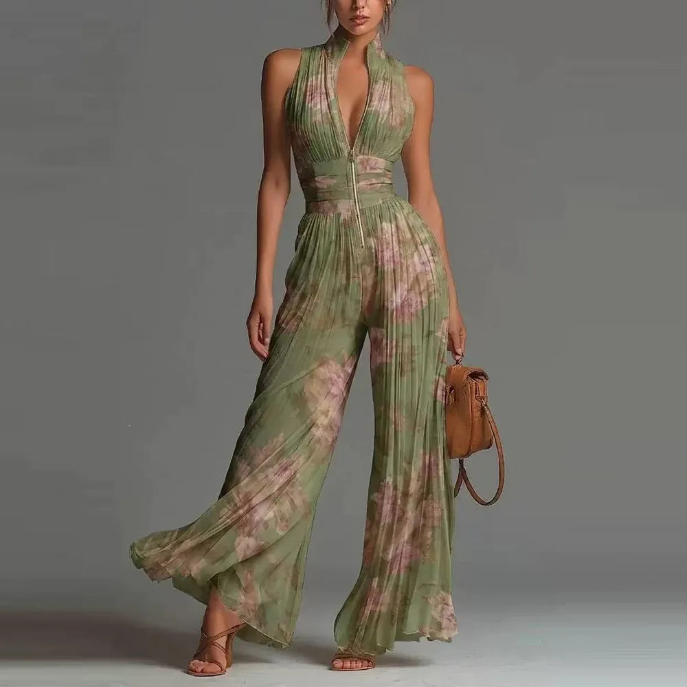 Sexy Deep V Neck Hollow Zip Jumpsuit Women's Spring Solid High Waist Wide Leg Romper Summer Sleeveless Pleated Vacation Overalls