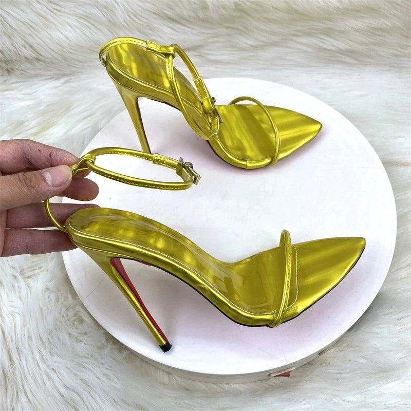 2025 Summer New Laser Purple Fashion Ultra fine One line Buckle with Thin Heels Sandals Sexy Fashion Large Size