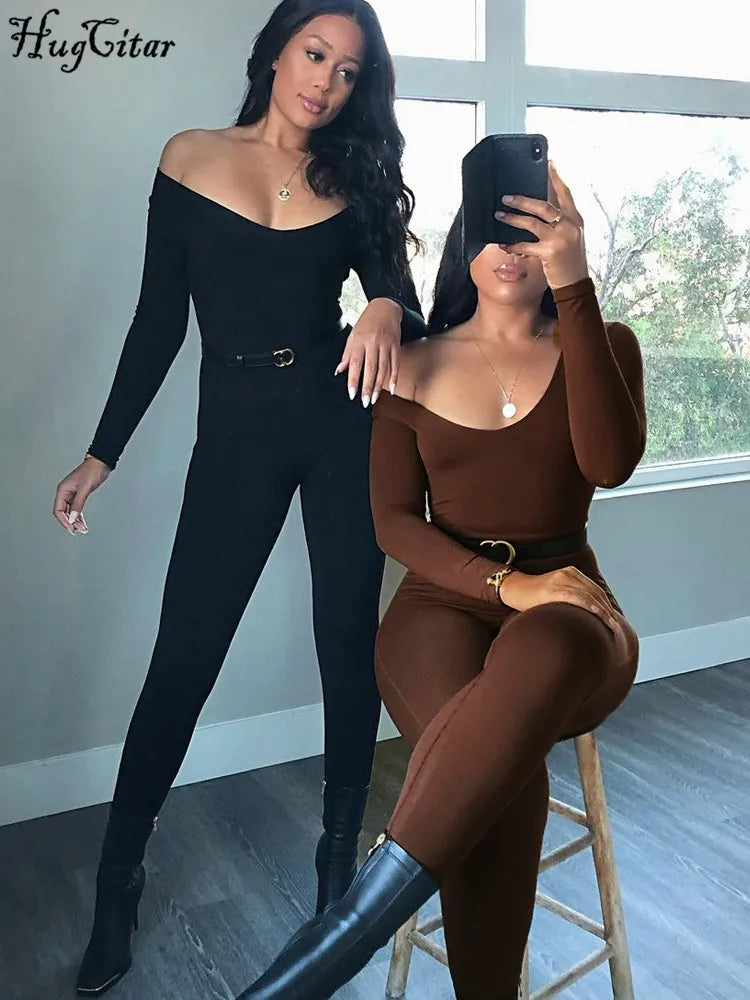 Hugcitar 2025 Square Collar Solid Long Sleeve Stretchy Bodycon Jumpsuits Winter Women Fashion Romper Streetwear Sport Wholesale
