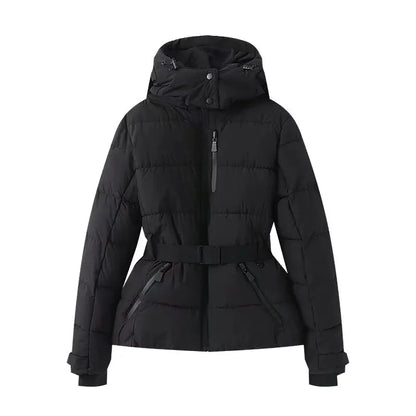 Women's Winter Hooded High Waist Padded Sport Parkas Coats with Belt Female Elegant Thick Warm Pockets Windproof Skiing Jackets
