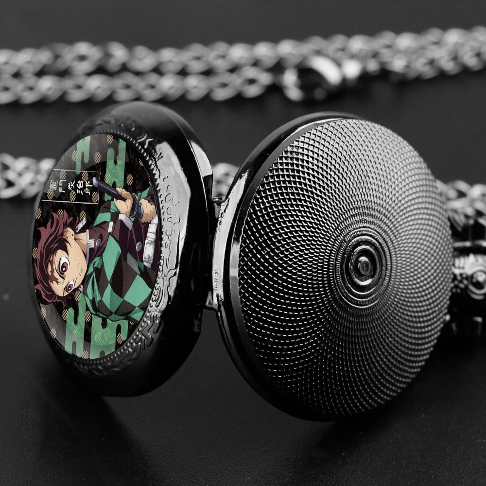 Kamado Tanjirou Design Glass Dome Quartz Pocket Watch With Durable Chain Arabic Numeral Dial For Men And Women Creative Gifts