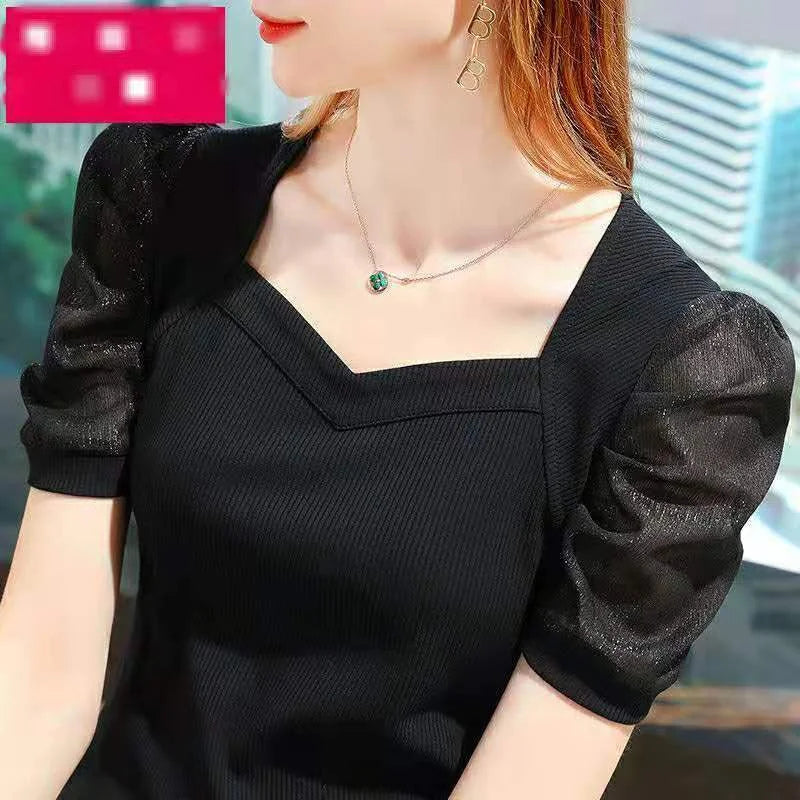 Elegant Women's Sweetheart Neck Puff Sleeve Top Blue Ribbed Slim Fit Short Sleeve Blouse Casual Daily Office Wear T-shirt