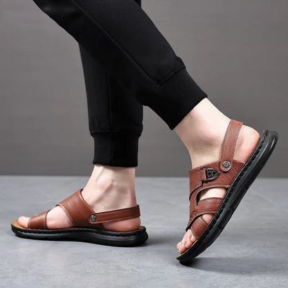 Mens Slippers 2026 New Summer Breathable Outdoor Non Slip Thick-soled Beach Shoes Leather Comfortable Casual Driving Sandals Man