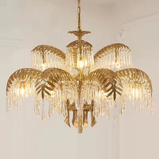 Hand Carving Gold Brass Hanging Pendant Lights Villa Living Room Luxury Crystal Palm Chandelier