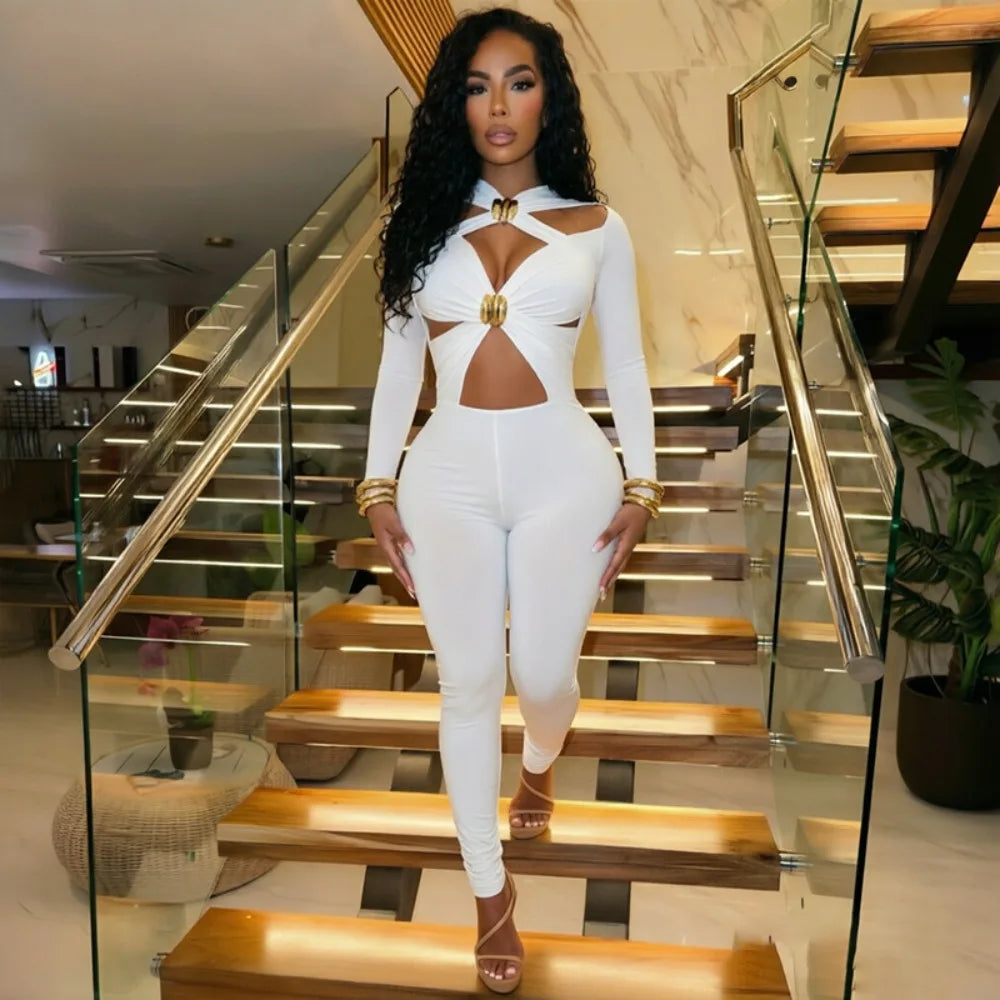 FLARORA Sexy Hollow Out Jumpsuits Woman Trend Metal Buckle Decoration Full Sleeve Skinny Peach Hip Party Club Street Overalls
