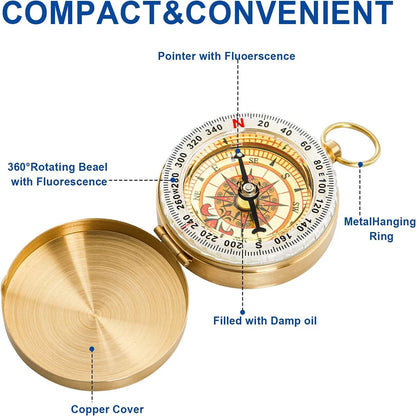 TRALOW Brass Pocket Handheld Compass, Water‑Resistant Navigation Tool for Camping Hiking Orienteering Outdoor Survival Gear