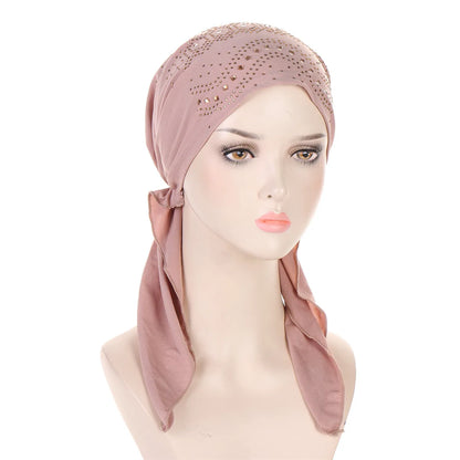Fashion Diamond Women's Hijab Solid Color Muslim Ladies Turban Bonnet Soft Elastic Long Tail Head Wrap Head Scarf Indian Hats