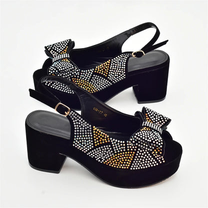 Nigeria Ladies Shoe and Bag Set Decorated with Rhinestone Block Heel Comfortable Platform Pumps Luxury Designer Shoes Women