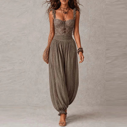 Women Elegant Ruffle Waist Solid Playsuit Overalls Casual Sleeveless Long Romper Sexy V-neck Lace Trim Spaghetti Strap Jumpsuits
