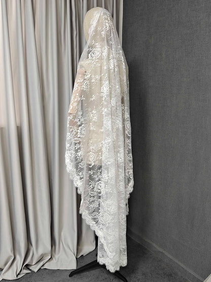 Customized Eyelash Lace Mantilla Veil, 1m/1.5m/2m/2.5m/3m Wedding Veil with Hidden Comb, Elegant One Layer Ivory Bridal Veil