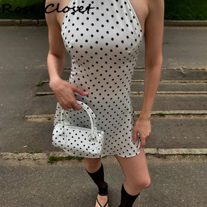 Polka Dots Halter Mini Dress Elegant Backless Sleeveless Cinched Waist Short Dresses Lace Up Skirts 2026 NEW Summer Lady Dresses