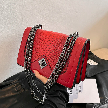Leather Shoulder Bag Chain Purse for Women - Fashion Crossbody Bags Vintage Snake Print Underarm Bag Square Satchel Handbag