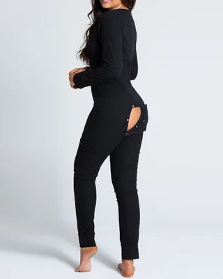 Sexy Pyjama Women's Long Sleeves Homewear Suit Button-Down Front Back Butt Bum Open Ass Flap Jumpsuit Loungewear Christmas Print