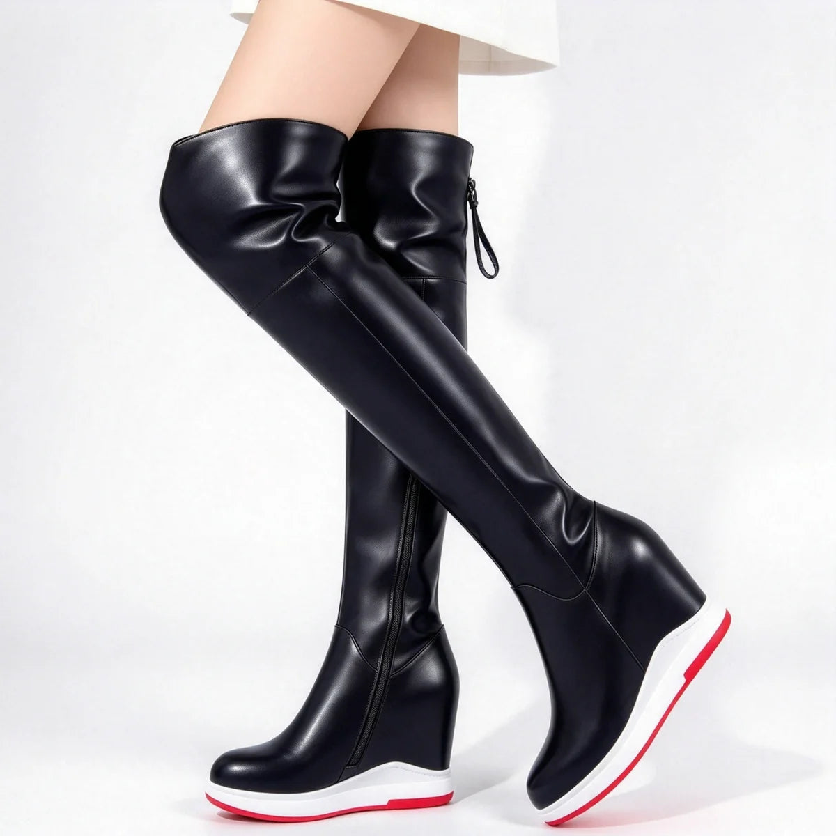 Winter Warm Chunky Sneakers Women Genuine Leather Wedges High Heel Over The Knee Snow Boots Female Platform Pumps Casual Shoes