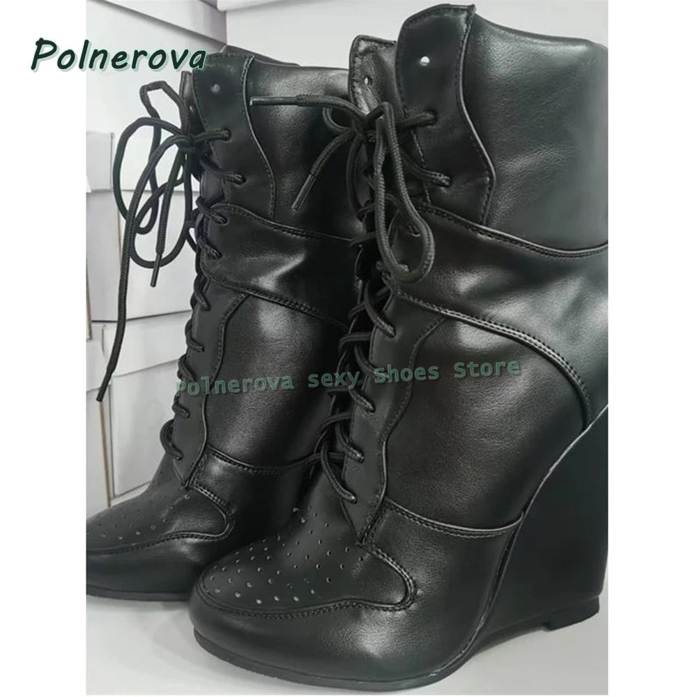Cross Tied Wedge Mid-Calf Boots Pointed Toe Height Increase Patchwork Plus Size 36-47 Women Ankle Boots 2025 Casual Shoes Trend