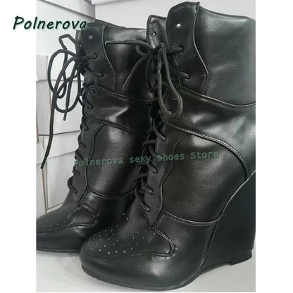 Cross Tied Wedge Mid-Calf Boots Pointed Toe Height Increase Patchwork Plus Size 36-47 Women Ankle Boots 2025 Casual Shoes Trend