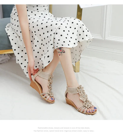 High quality leather flat sandals for women 5cm mid heel flower summer 2026 36 42 open toe vintage beach shoe black pink beige