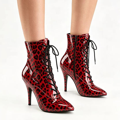 Glossy Leather Pointy Short Boots Woman 2026 New Red Leopard Print Large Size Shoes 12CM Thin Heels Boots For Party & Night Club