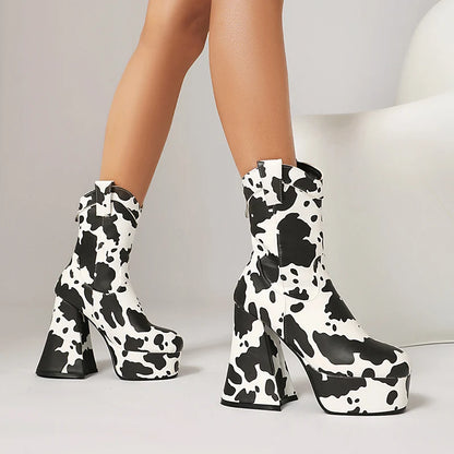 Microfiber Cow Pattern Slip On Short Boots Ultra-High Shaped Tapered Thick Heel Platform Denim Material Ankle Boots