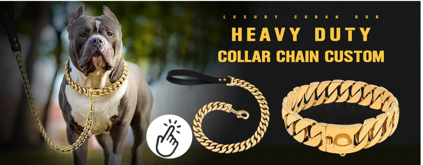Traction Solid Super Strong Gold Collar Stainles Steel Dog Leash Pet Lead Chain 32mm 19mm Bulldog Pitbull Large Dog Collar Leash