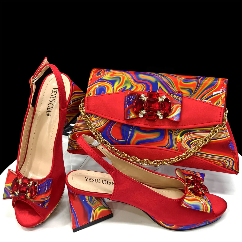 Venus Chan 2024 Fashion Purple Color Painted Rhinestones Elegant Peep Toe Sandals Shoes and Bag Set Italian Heels for Womens