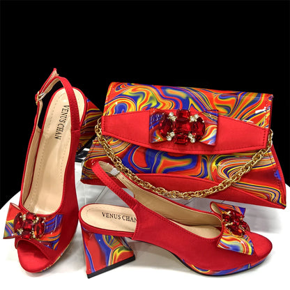 Venus Chan 2024 Fashion Purple Color Painted Rhinestones Elegant Peep Toe Sandals Shoes and Bag Set Italian Heels for Womens