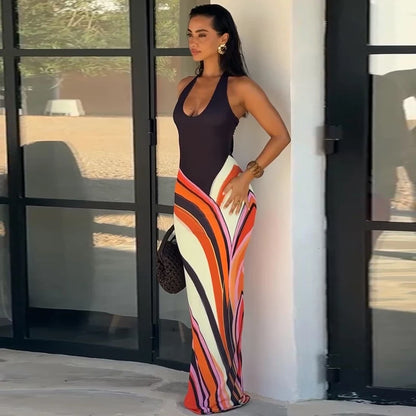 Sexy Print Women Long Dress Party Deep V-neck Sleeveless Backless Hip Package Female Dresses 2026 Summer Holidays Lady Robe