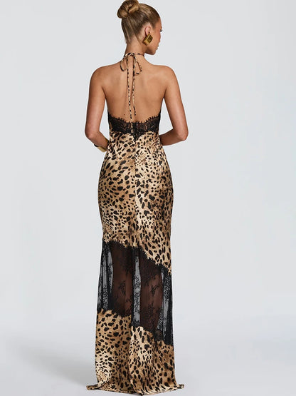 JULISSA MO Leopard Print Patchwork Sheer Lace Halter Women Maxi Dress Backless High Waist Dress Slim Elegant Party Evening Dress