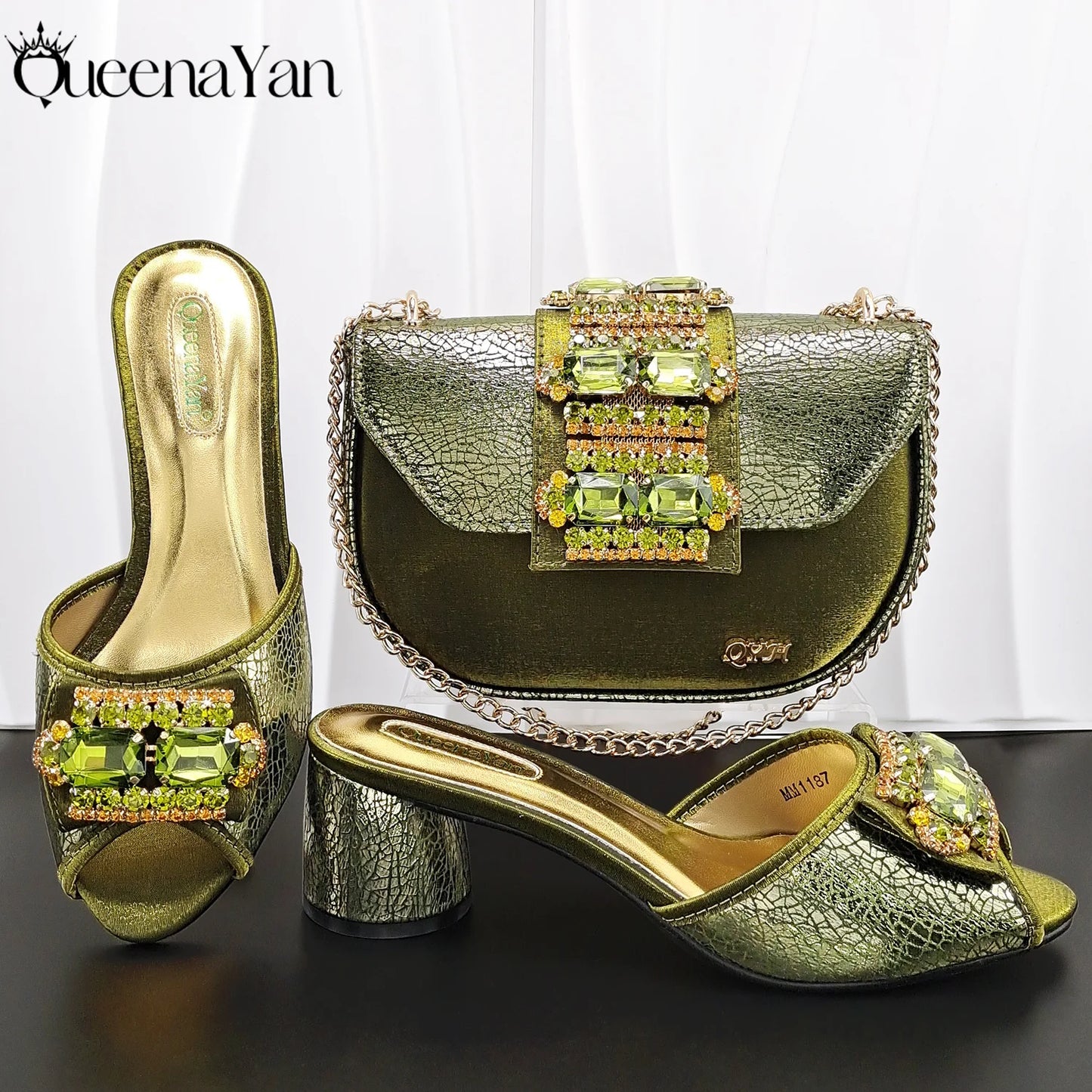Queena Yan Italian Design Newest Fashion Mature Style Gold Color Women's High Heels with Diamond Oval Bag for Party Wedding