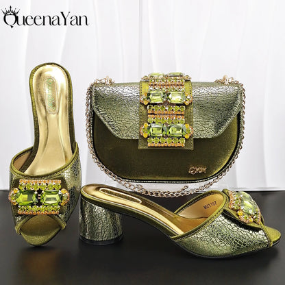 Queena Yan Italian Design Newest Fashion Mature Style Gold Color Women's High Heels with Diamond Oval Bag for Party Wedding