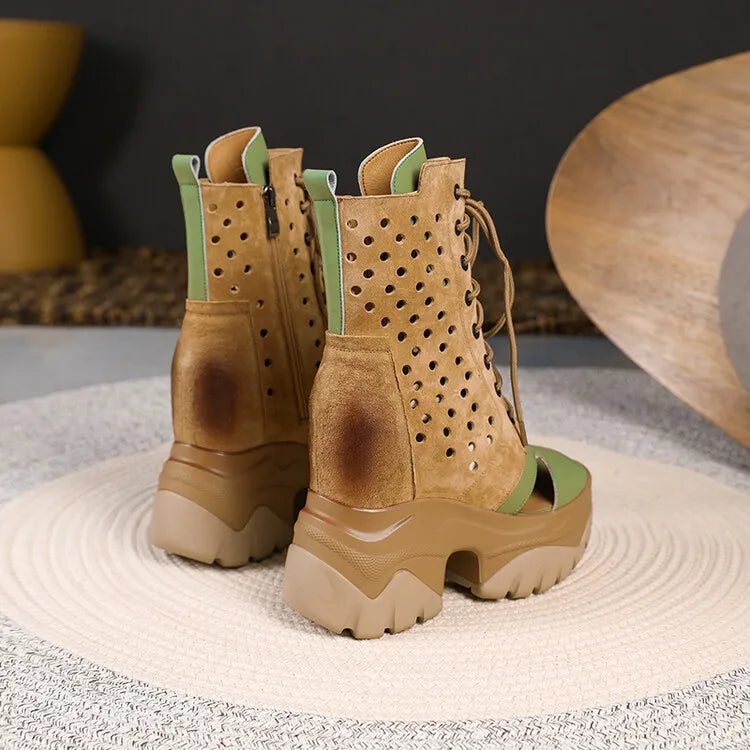 Women's Peep Toe Wedge Boots Summer Hollow Out Lace Up Side Zipper Platform Wedge Heel Breathable Fashion Retro Casual Shoes