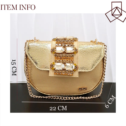 Queena Yan Italian Design Newest Fashion Mature Style Gold Color Women's High Heels with Diamond Oval Bag for Party Wedding