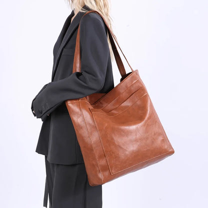 High Quality Oil Skin Leather Bucket Hand Bags for Women Female Shoulder Top-Handle Bag Luxury Handbas Women Large Commute Bags