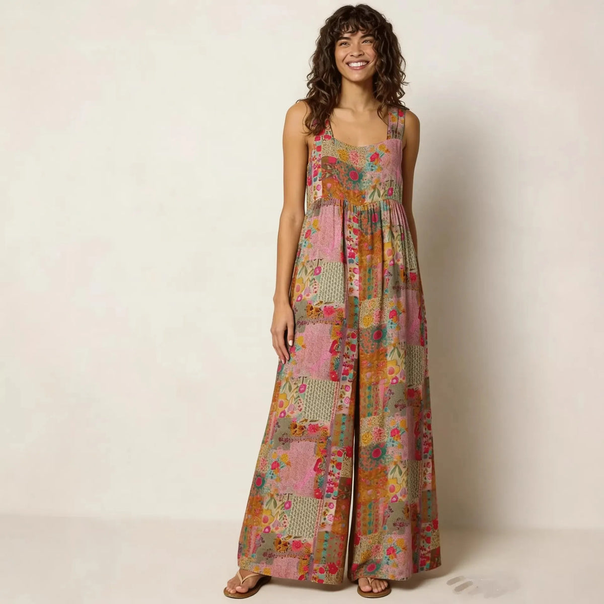 Plus Size Women's Jumpsuit, Wide Strap Square Neck Printed Casual Street Fashion Loose Wide Leg Jumpsuit