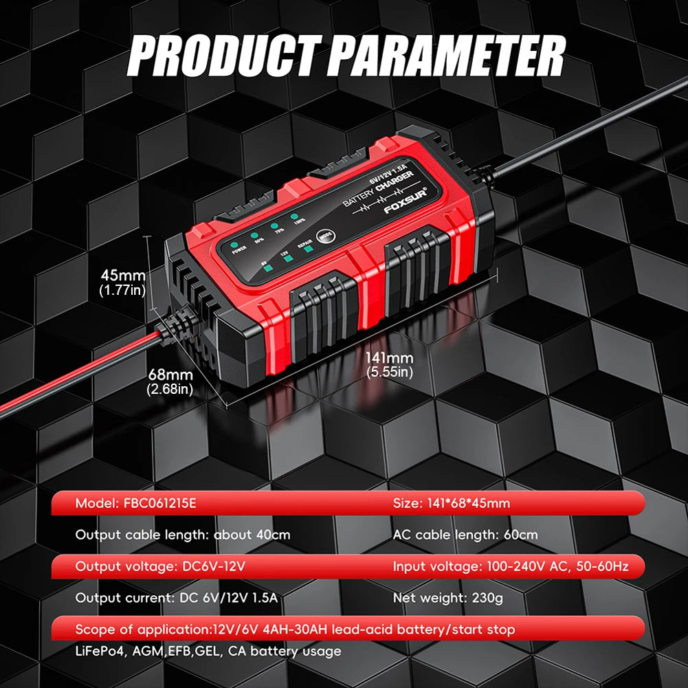 6V/12V 1.5A Car Battery Charger Electric Motorcycles Charger Smart Charger for Car Truck Boat SUV Lead-Acid AGM GEL Batteries
