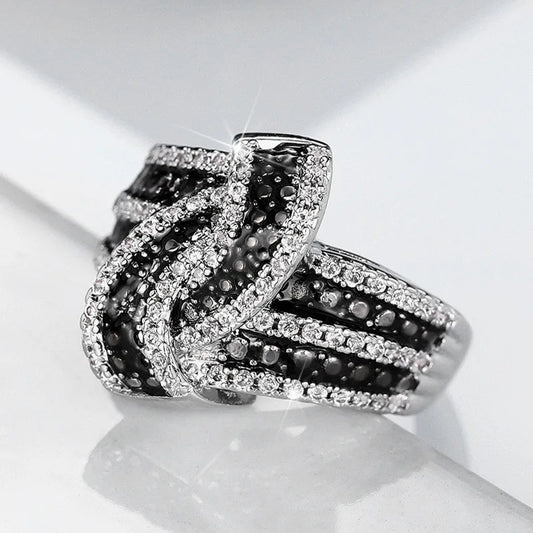 925 Sterling Silver Black Enamel Knot Ring for Women New Modern Design Chic Female Finger Ring Party Bling CZ Statement Jewelry