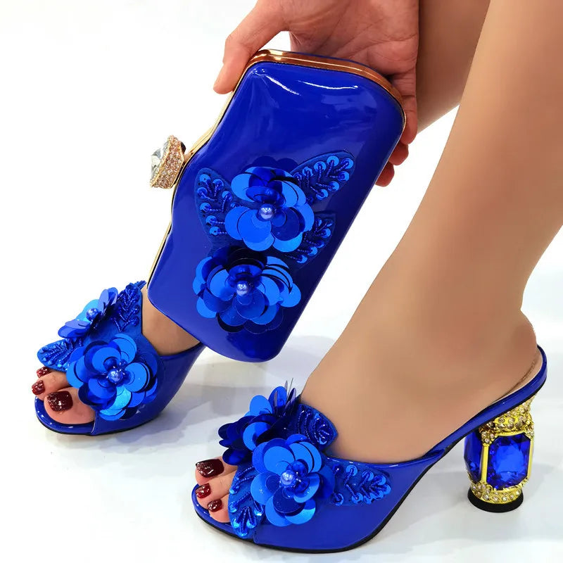 Arican New Arrival Speical Narrow Band and Cross-tied Style Italian Design Ladies Shoe and Bag Set in Gold Color for Party