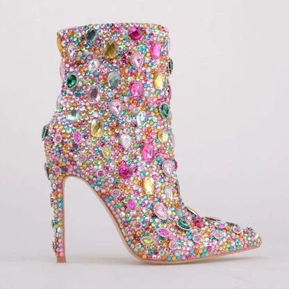 Multi-Color Rhinestone Pointed Toe Stiletto Ankle Boots Woman Winter 2026 Sparkly Crystal Side Zipper High Heel Dress Boots