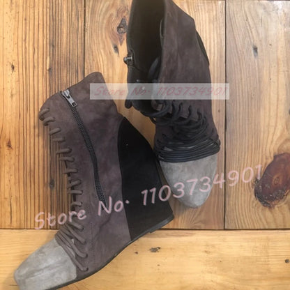 Patchwork Wedge Platform Ankle Boots Women Fashion Round Toe Front Lace Up Shoes Ladies Punk Chic Zipper Suede Cross Tied Boots