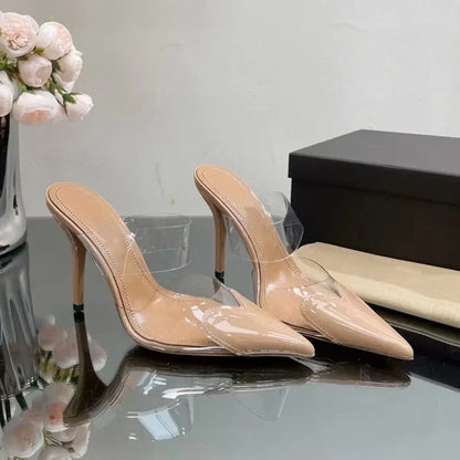 Elegant Pointed Toe Transparent PVC Heart High Heels Mules Slipper Shoes Women 2025 Black White Red Shoes Luxury Designer Pumps
