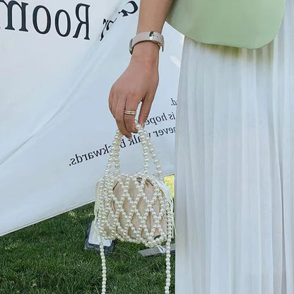Fashion Lady Basket Handbag Summer Women's Shoulder Crossbody Bag Bohemia Travel Beach Bag Luxury Design Pearl Shopper Tote