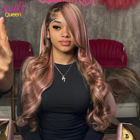 Highlight Pink Brown Dark Root Closure Wig Real Hair 13x6 13x4 HD Lace Front Human Wig For Women Pre Plucked Body Wave Glueless