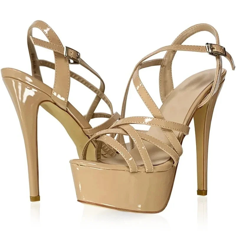 Women Sandals Catwalk Shows 14CM Open Toe Platform High Heels Snake Pattern Stilettos Sexy Ankle Strap Gladiator Party Shoes