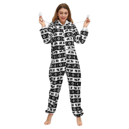 Winter Warm Snowflake Print Pyjamas Women Onesies Flannel Sleepwear Size XXL Hood Sets Pajamas For Women Adult