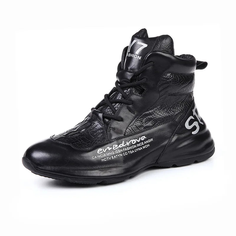 Genuine Leather Winter Boots For Men Crocodile Leather Casual Fleece Warm Shoes Motorcycle Punk Botas Male Loafer Hombre KK419